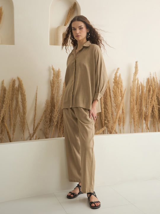 Beige Color Shirt Collar Pure Cotton Solid Co-ords Set for Women