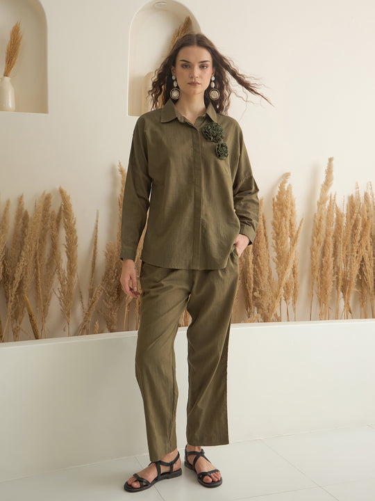 Olive Shirt Collar Pure Cotton Co-ords Set for Women
