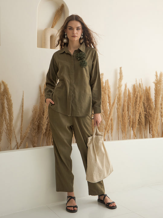 Olive Shirt Collar Pure Cotton Co-ords Set for Women