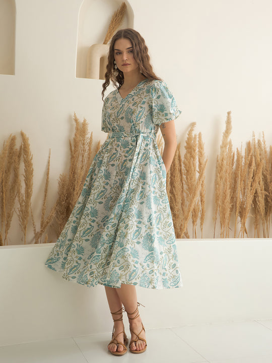 Blue Color Cotton A-Line Printed Dress for Women