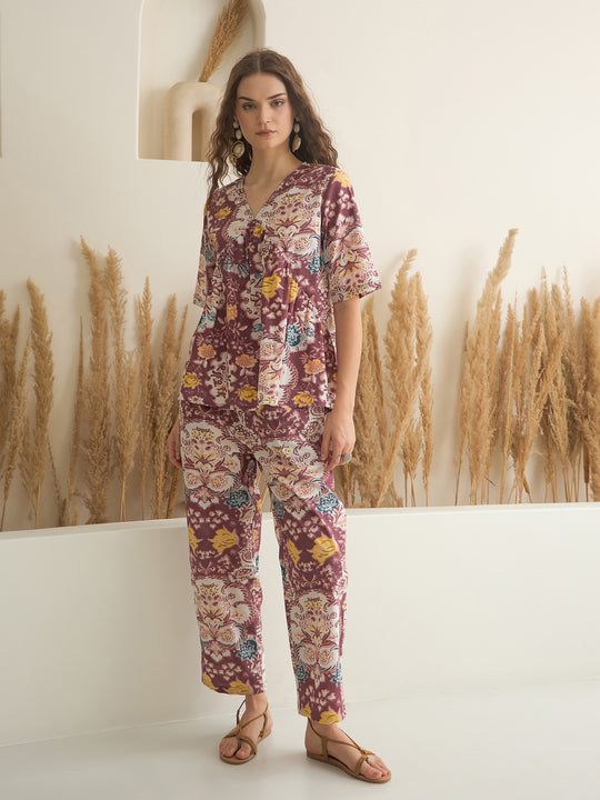 Rust Color V-Neck Pure Cotton Printed Co-ords Set for Women