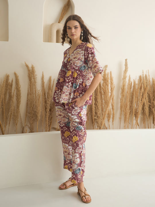 Rust Color V-Neck Pure Cotton Printed Co-ords Set for Women