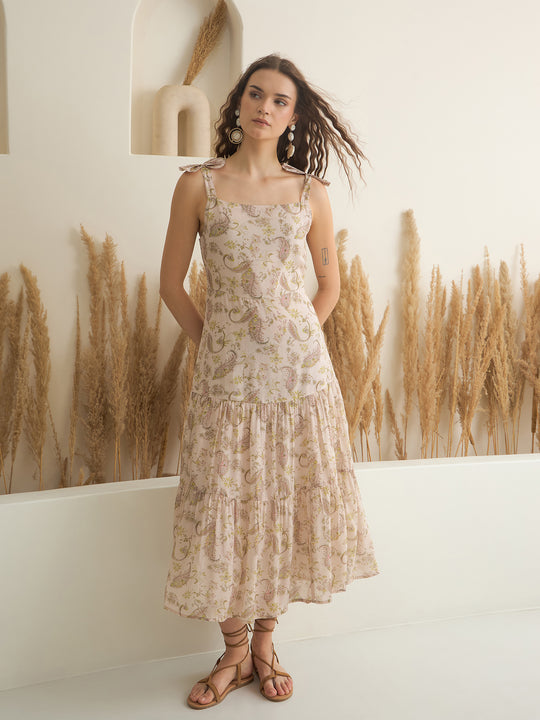 Peach Color Cotton A-Line Printed Dress for Women