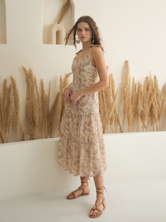 Peach Color Cotton A-Line Printed Dress for Women