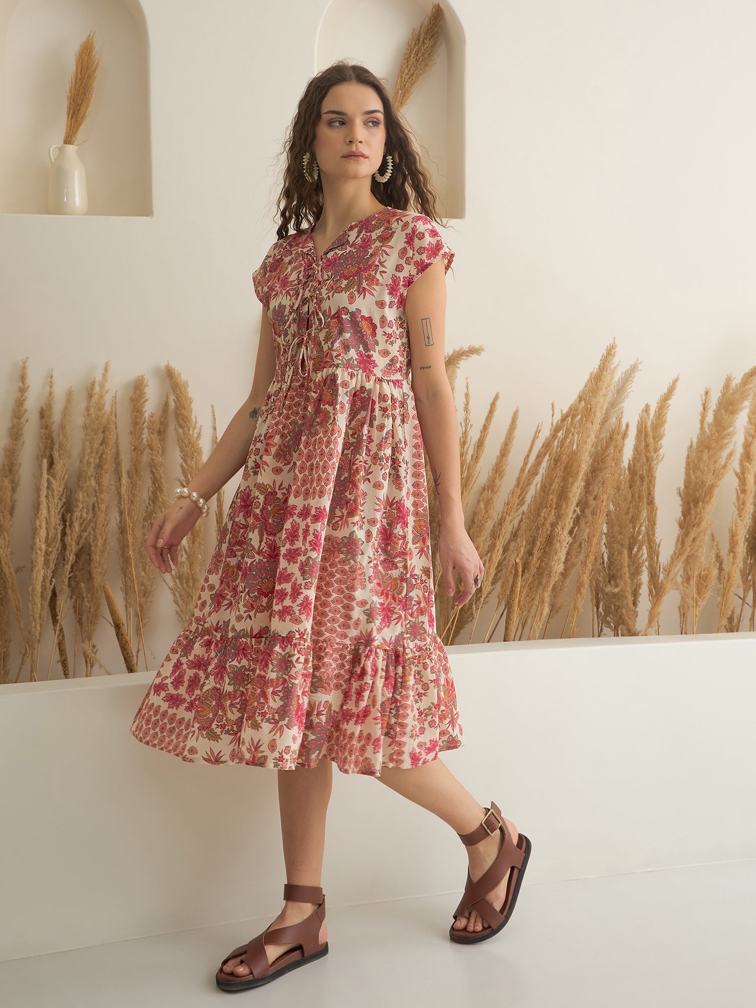 Off White Color Cotton A-Line Printed Dress for Women - SanskrutiHomes 