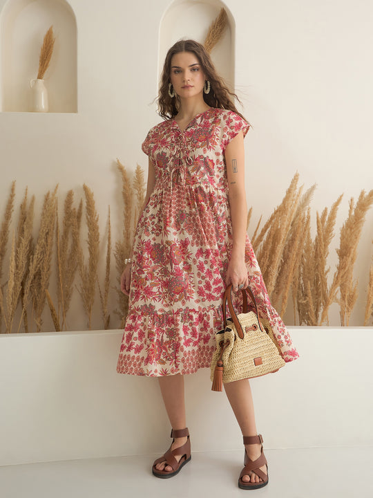 Off White Color Cotton A-Line Printed Dress for Women