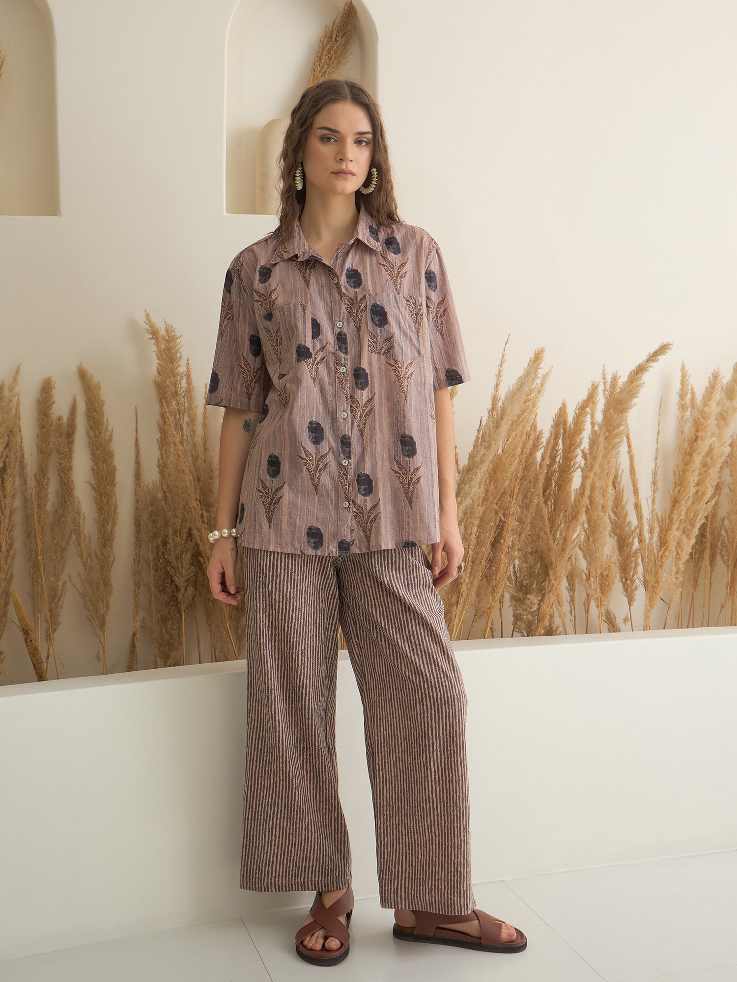 Brown Shirt Collar Pure Cotton Printed Night Suit for Women