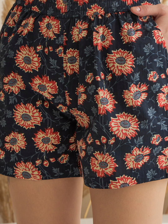 Navy Blue V-Neck Floral Printed Kaftan for Women