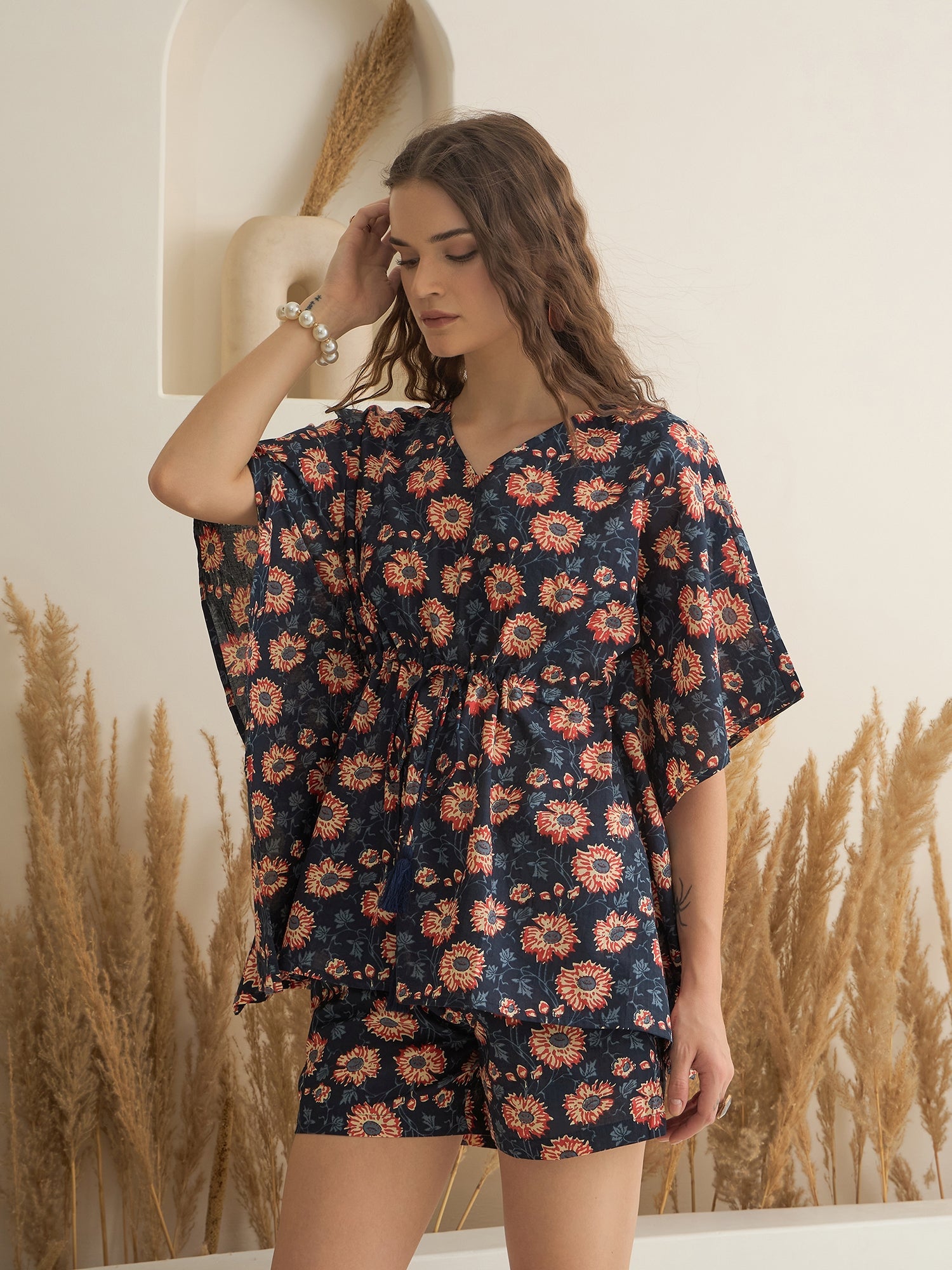 Navy Blue V-Neck Floral Printed Kaftan for Women - SanskrutiHomes 