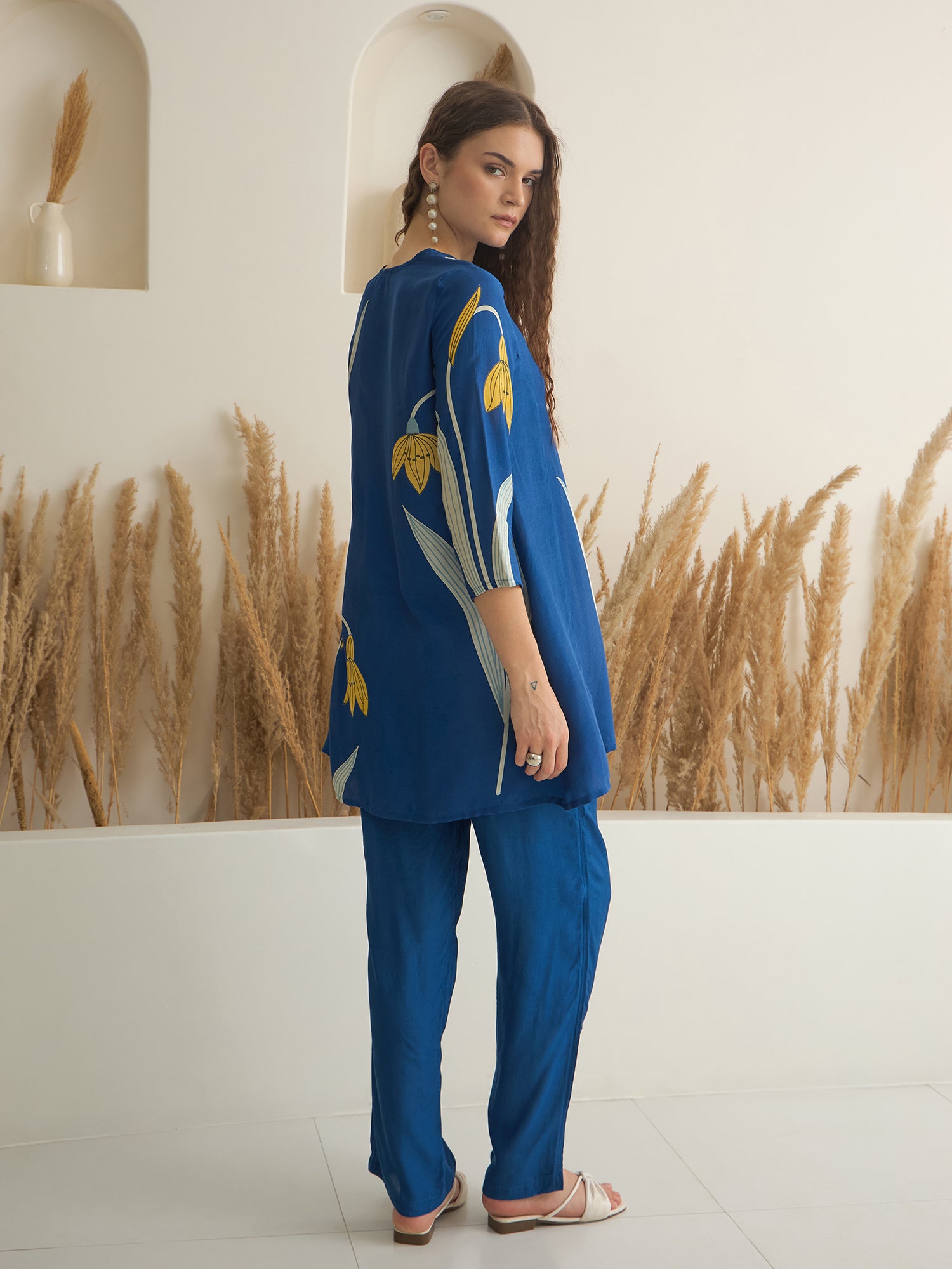 Blue Color V-Neck Silk Blend Printed Co-ords Set for Women