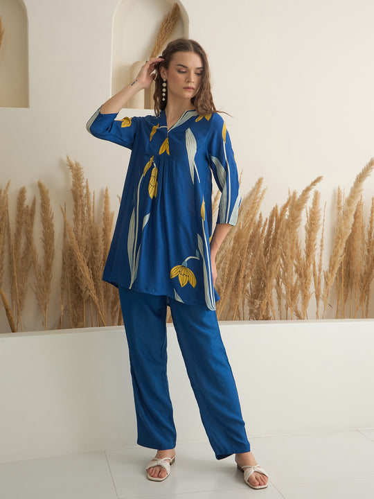 Blue Color V-Neck Silk Blend Printed Co-ords Set for Women