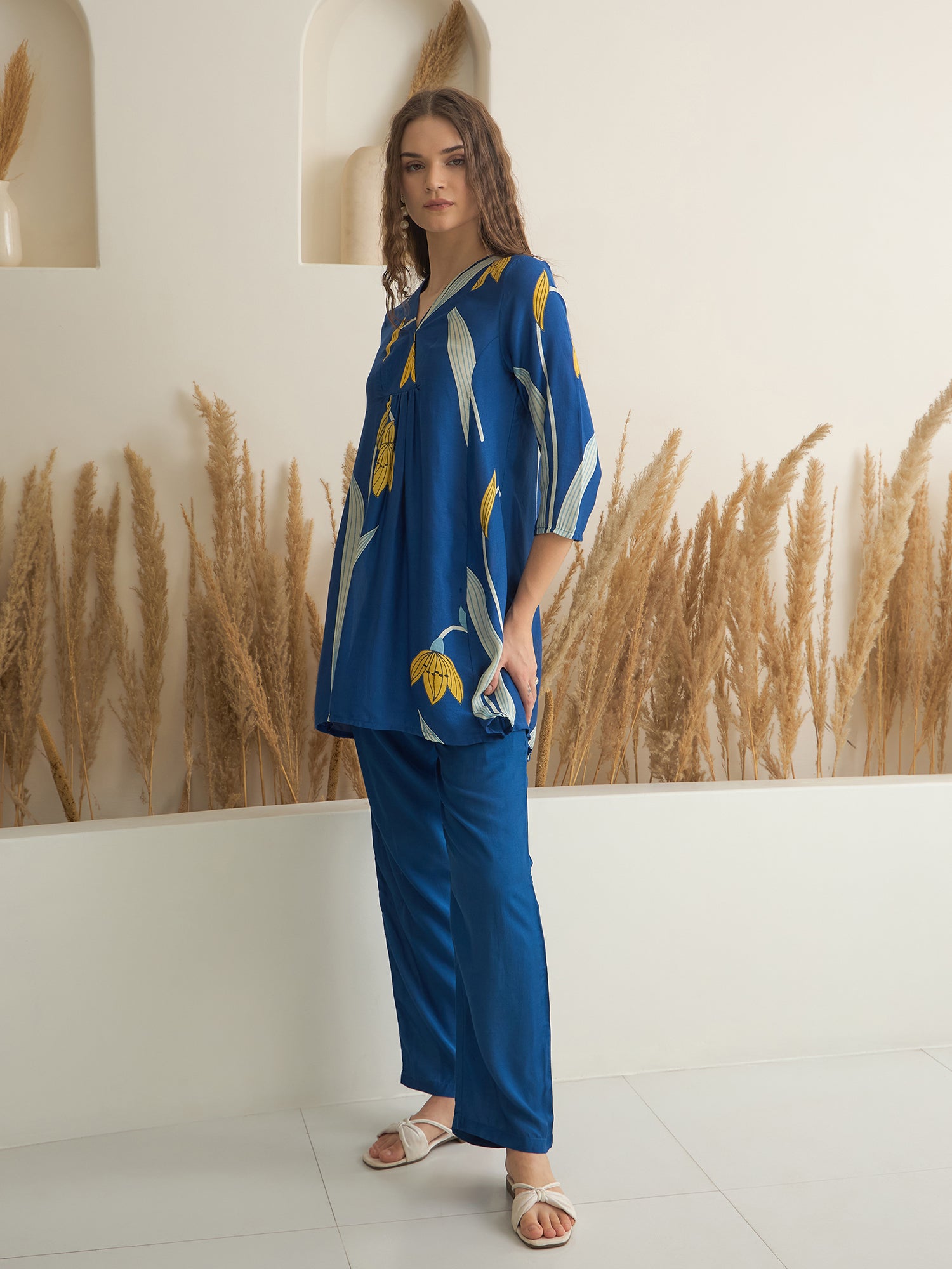 Blue Color V-Neck Silk Blend Printed Co-ords Set for Women