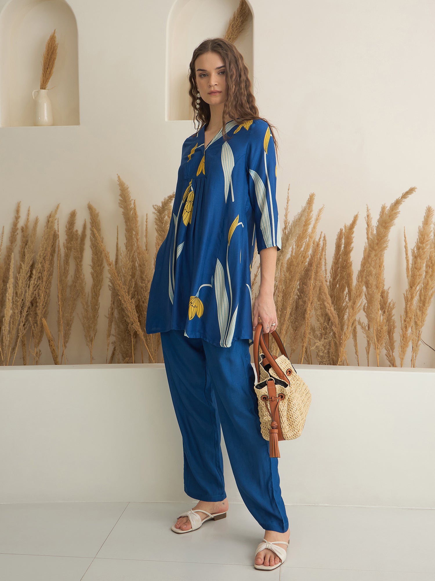 Blue Color V-Neck Silk Blend Printed Co-ords Set for Women