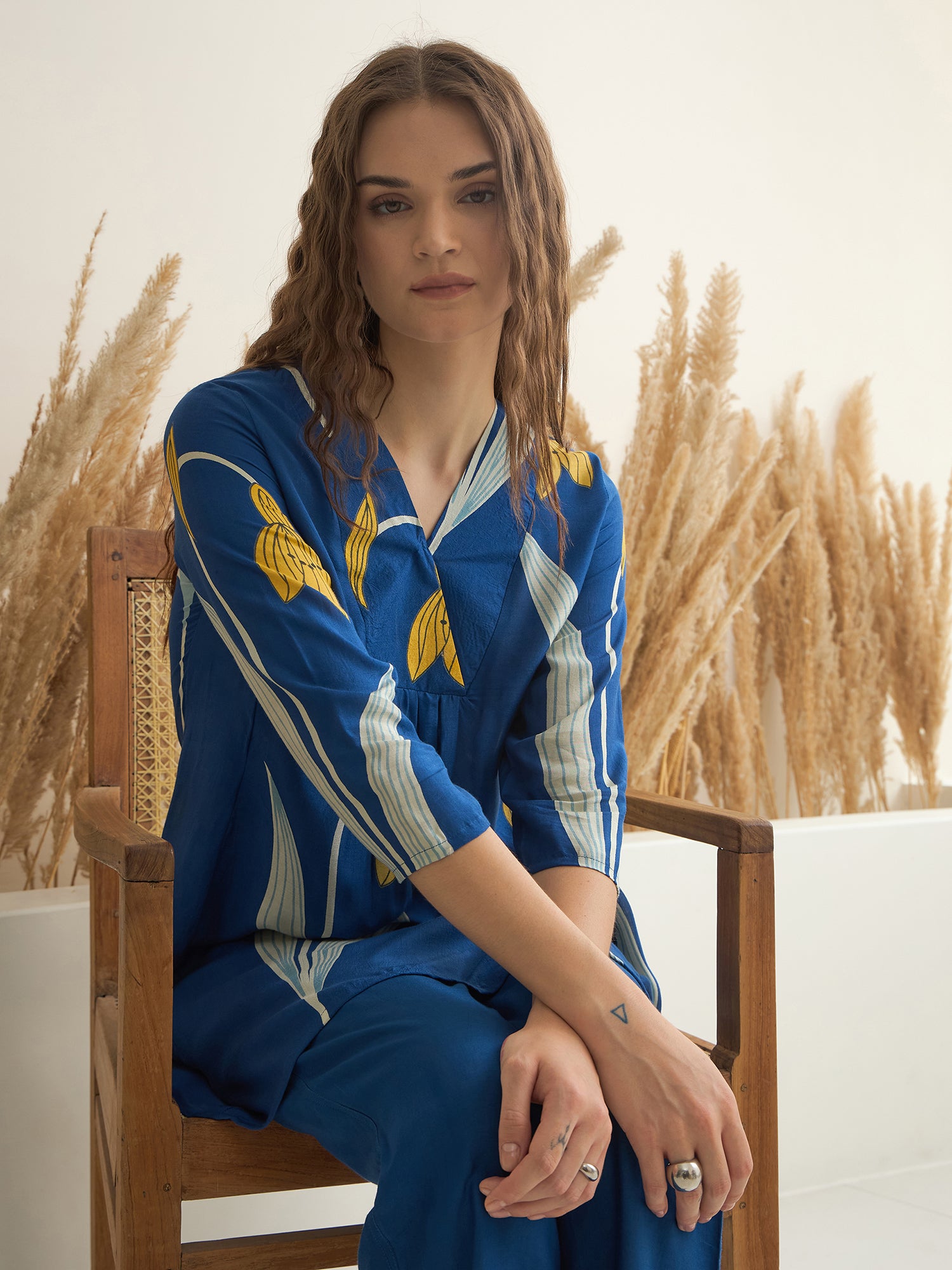 Blue Color V-Neck Silk Blend Printed Co-ords Set for Women