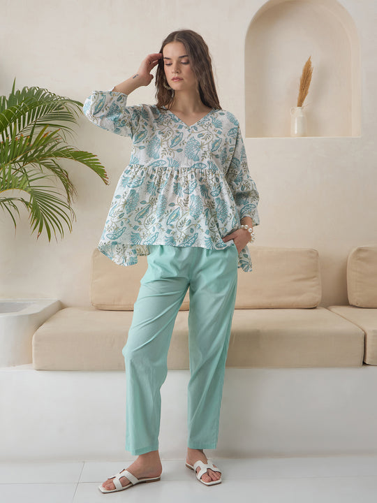 Blue V-Neck Pure Cotton Top Printed Co-ords Set for Women