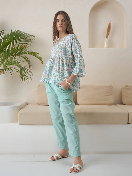Blue V-Neck Pure Cotton Top Printed Co-ords Set for Women