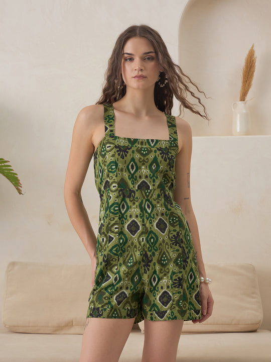 Green Ethnic Motifs Printed Jump Suit for Women