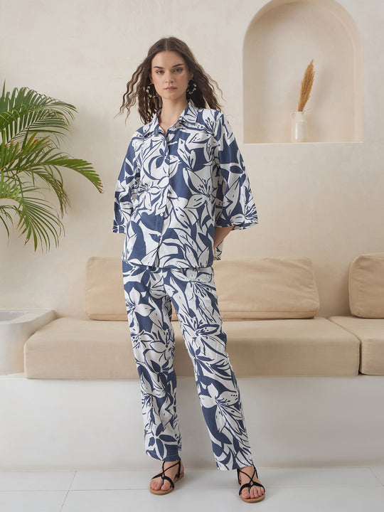 Blue Shirt Collar Viscose Rayon Co-ords Set for Women