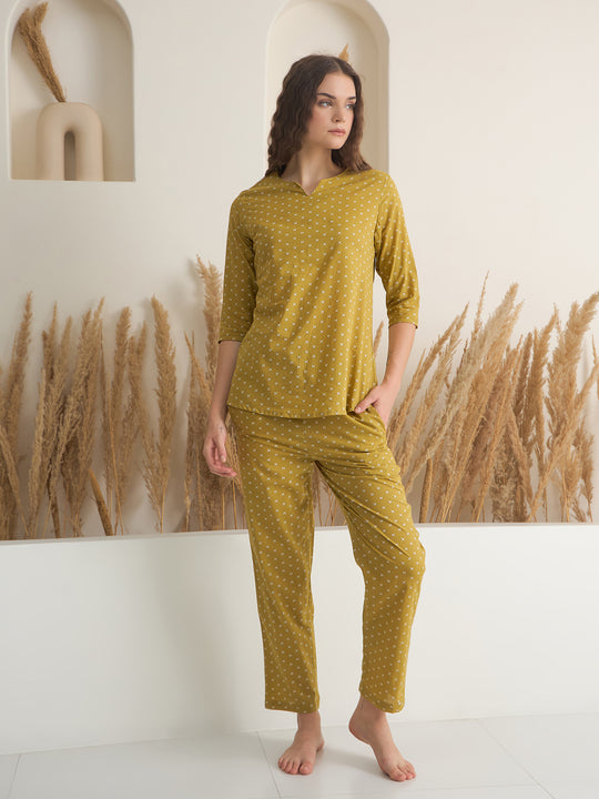 Yellow Round Neck Pure Cotton Printed Night Suit for Women