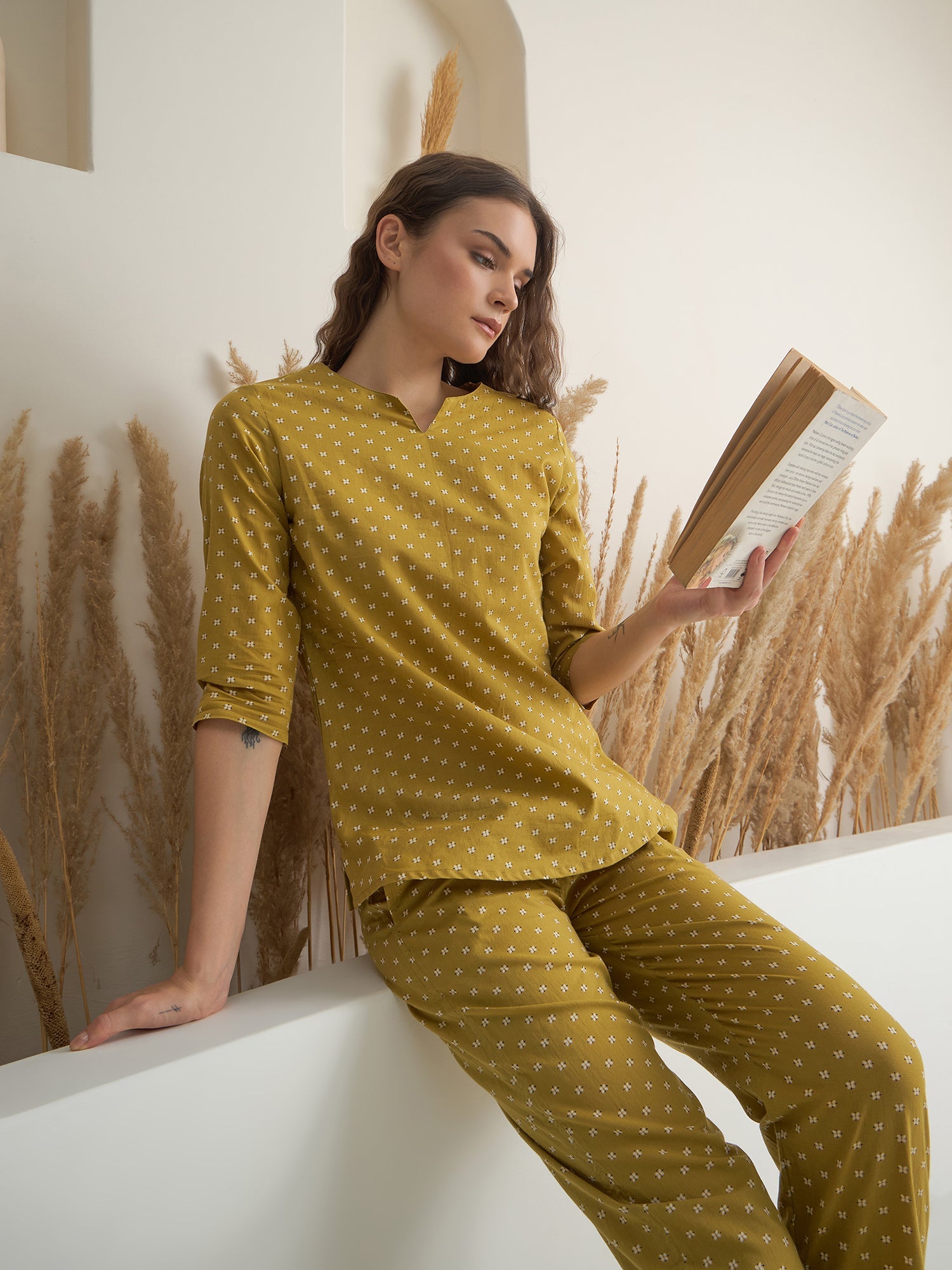 Yellow Round Neck Pure Cotton Printed Night Suit for Women - SanskrutiHomes 