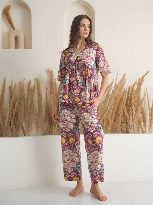 Rust V-Neck Pure Cotton Printed Night Suit for Women