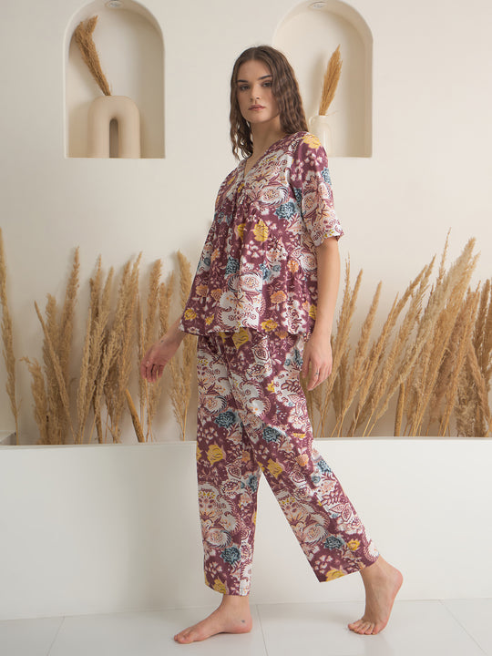 Rust V-Neck Pure Cotton Printed Night Suit for Women