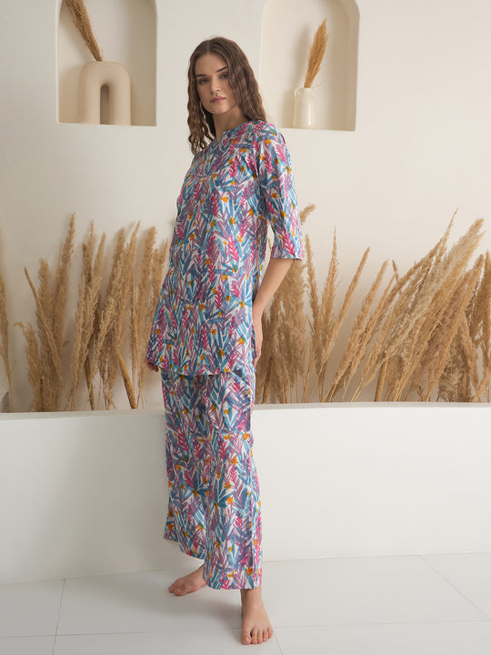 Blue Floral Printed Cotton Night Suit for Women