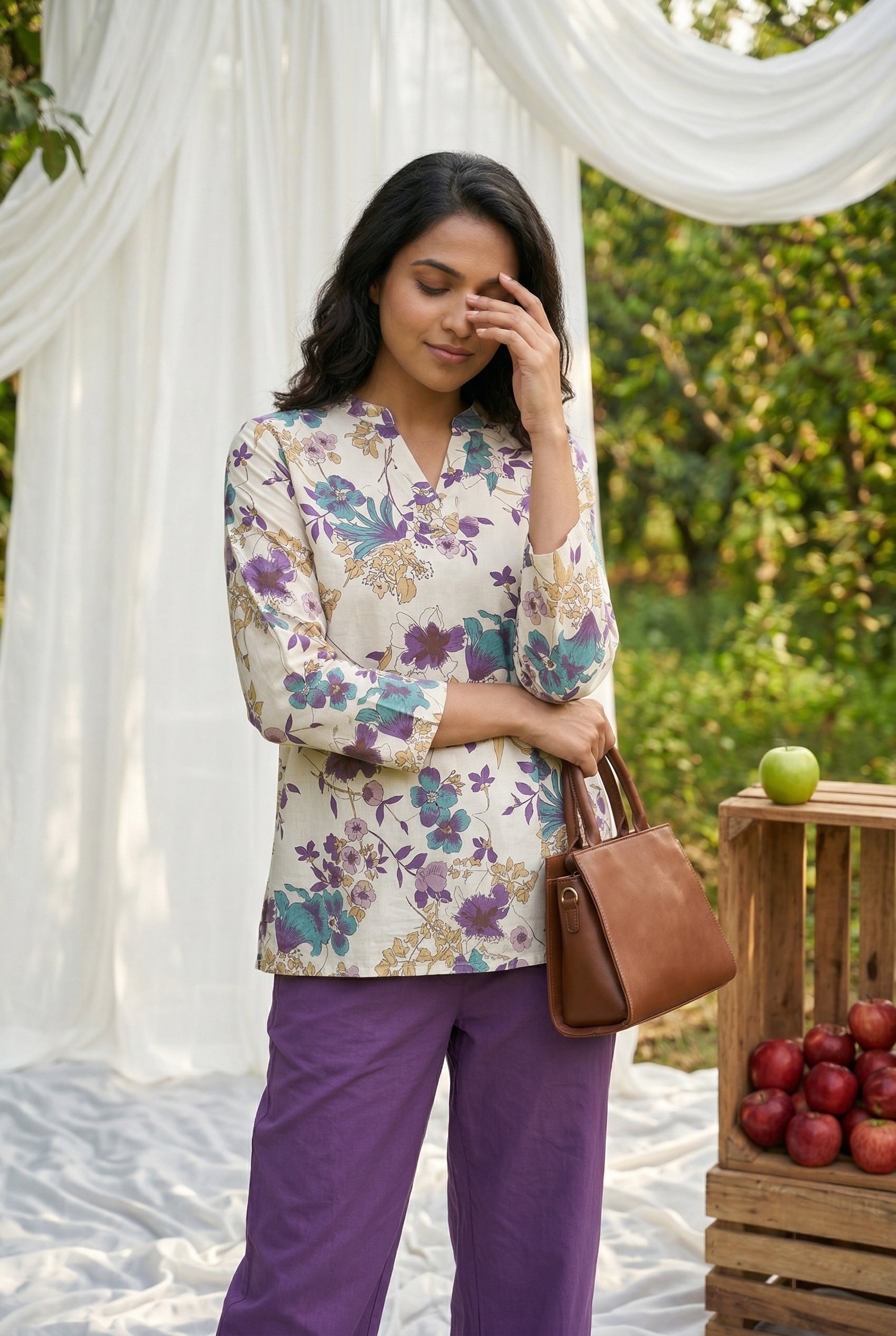 White Floral Print V-Neck Pure Cotton Night Suit For Women