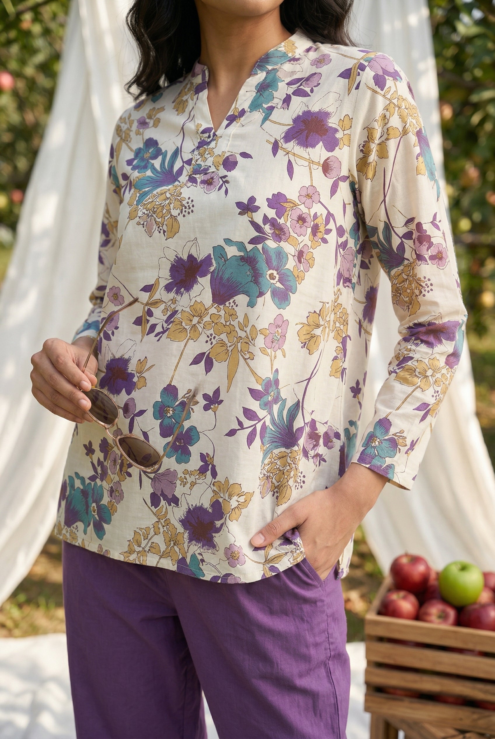 White Floral Print V-Neck Pure Cotton Night Suit For Women