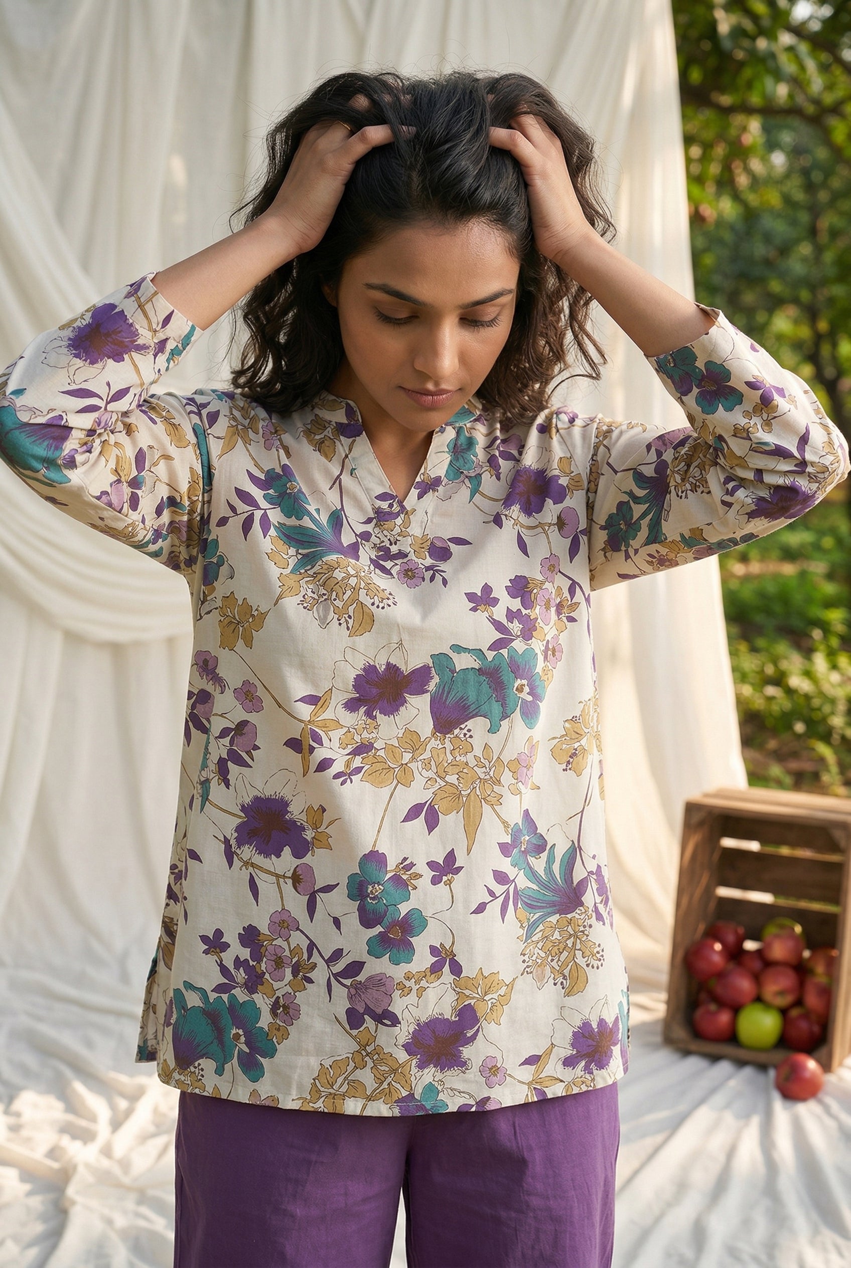 White Floral Print V-Neck Pure Cotton Night Suit For Women