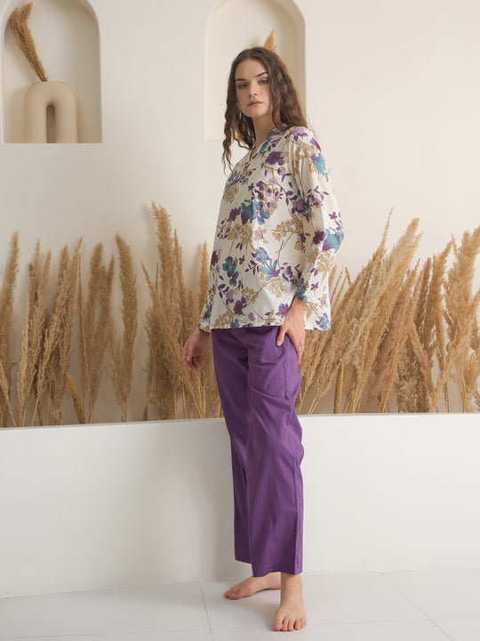 White V-Neck Pure Cotton Printed Night Suit for Women