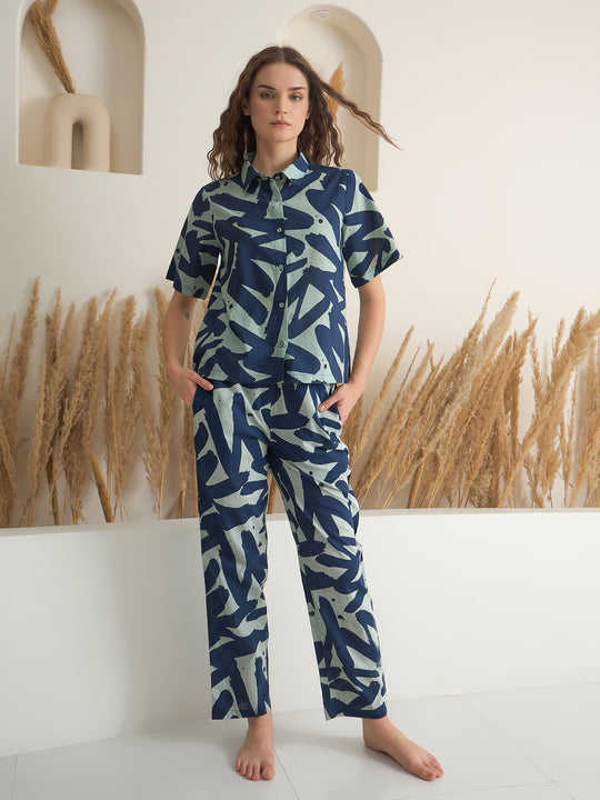 Navy Blue Shirt Collar Printed Night Suit