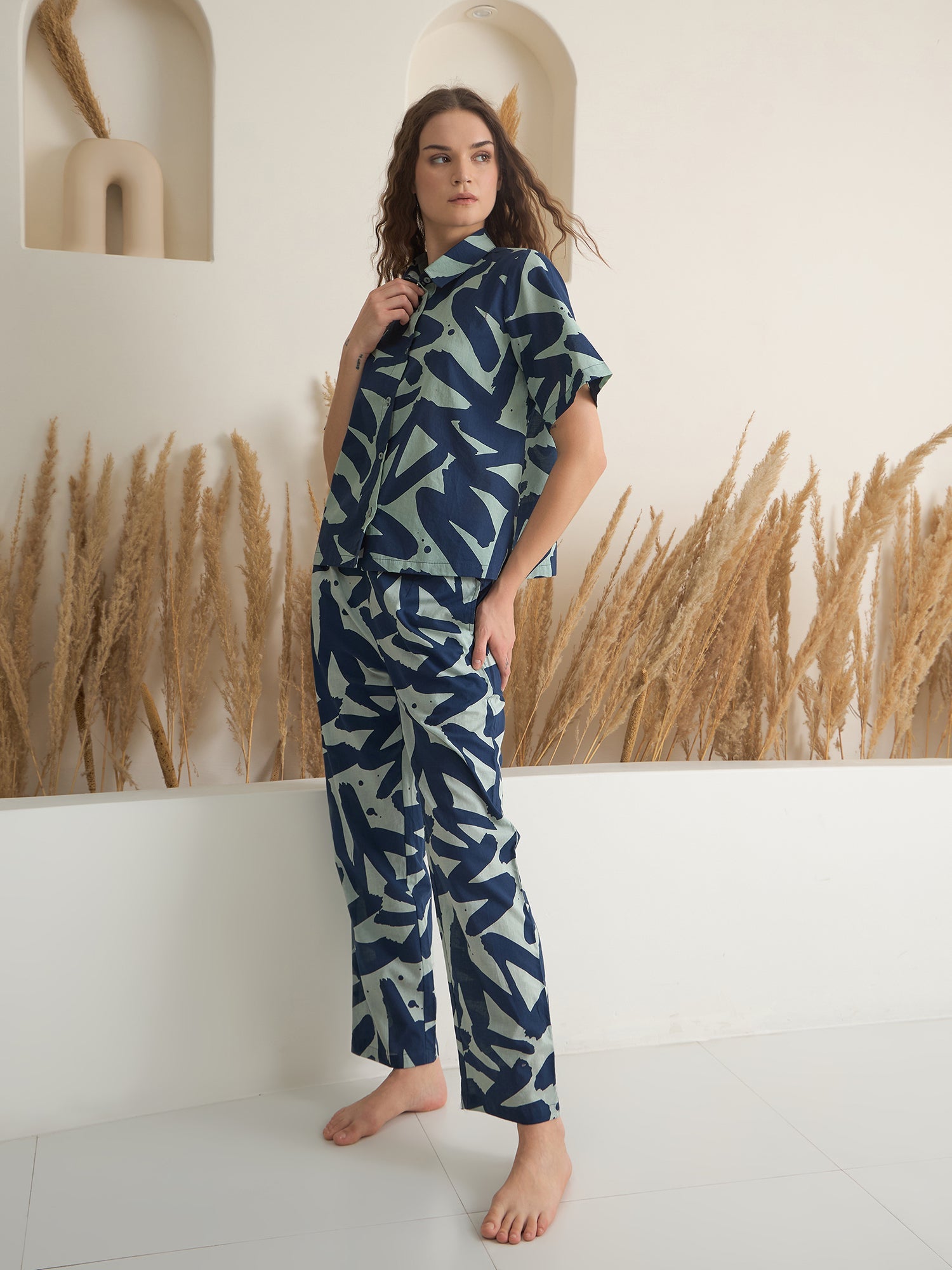 Navy Blue Shirt Collar Printed Night Suit - SanskrutiHomes 