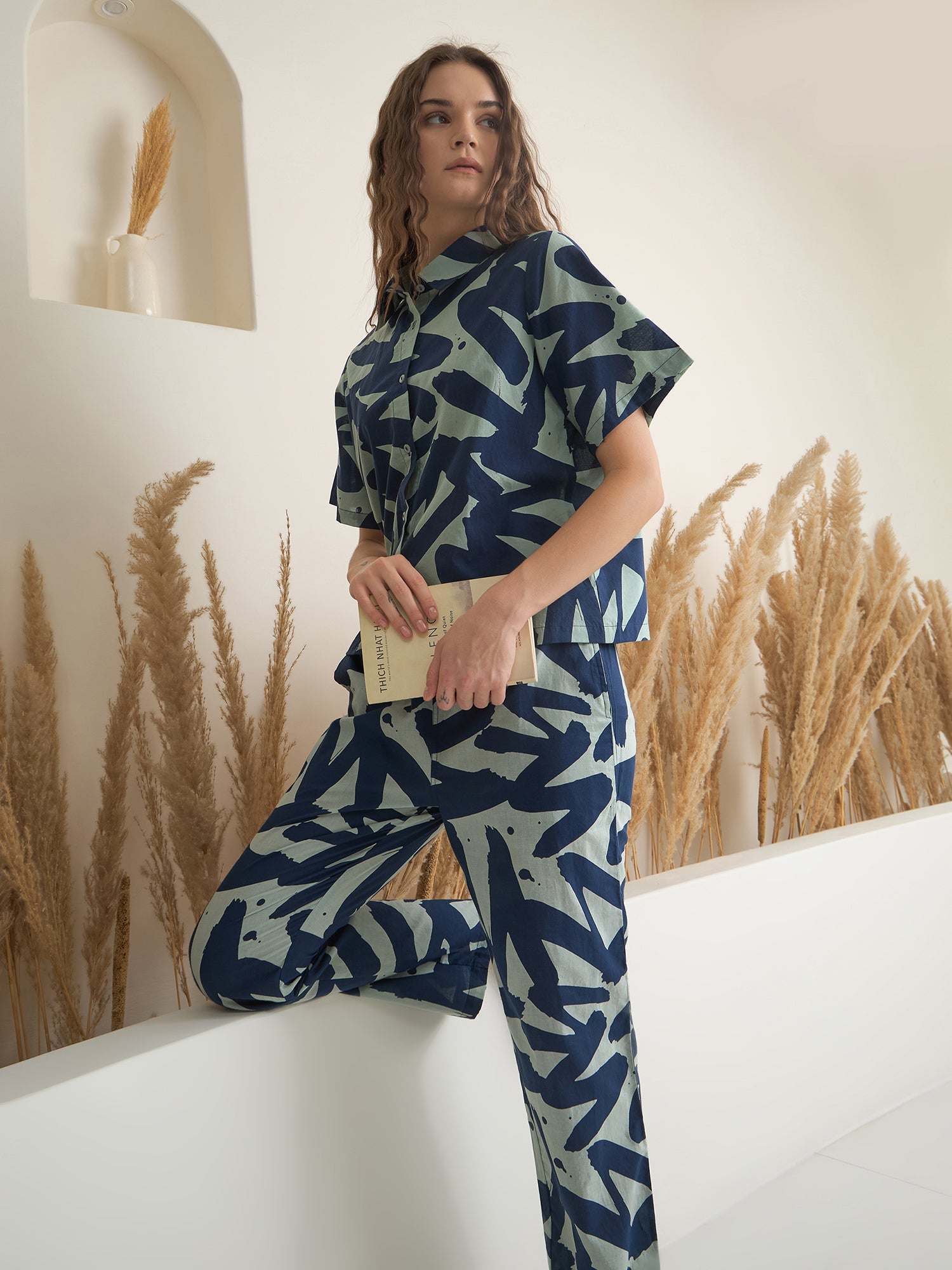 Navy Blue Shirt Collar Printed Night Suit - SanskrutiHomes 