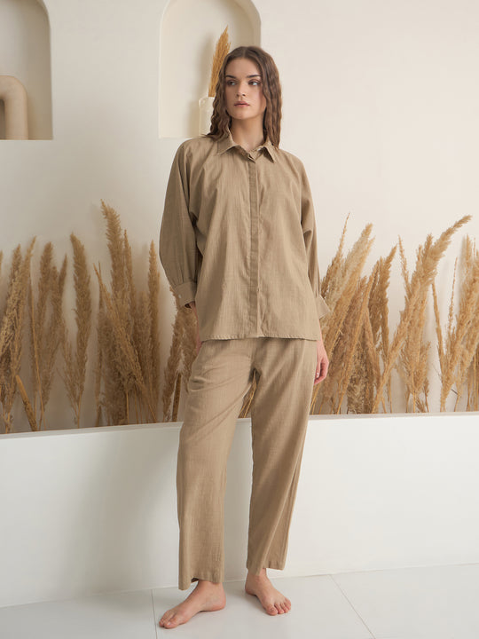 Beige Shirt Collar Pure Cotton Solid Night Suit for Women