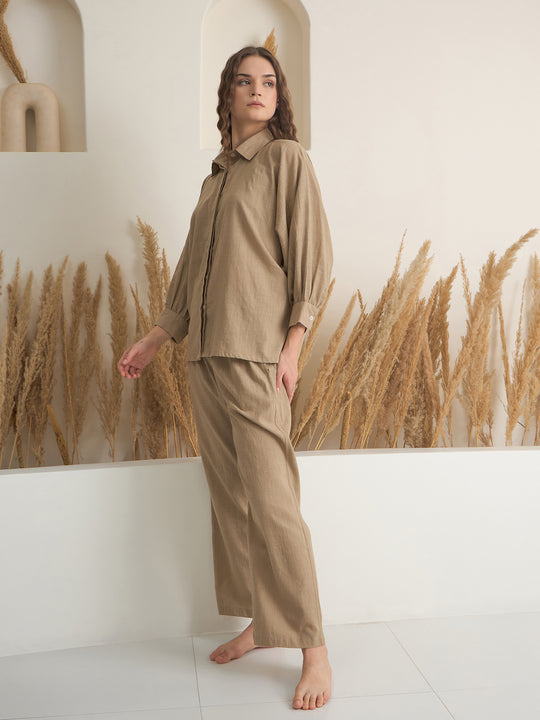 Beige Shirt Collar Pure Cotton Solid Night Suit for Women