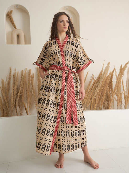 Brown Cotton Printed Bath Robe for Women