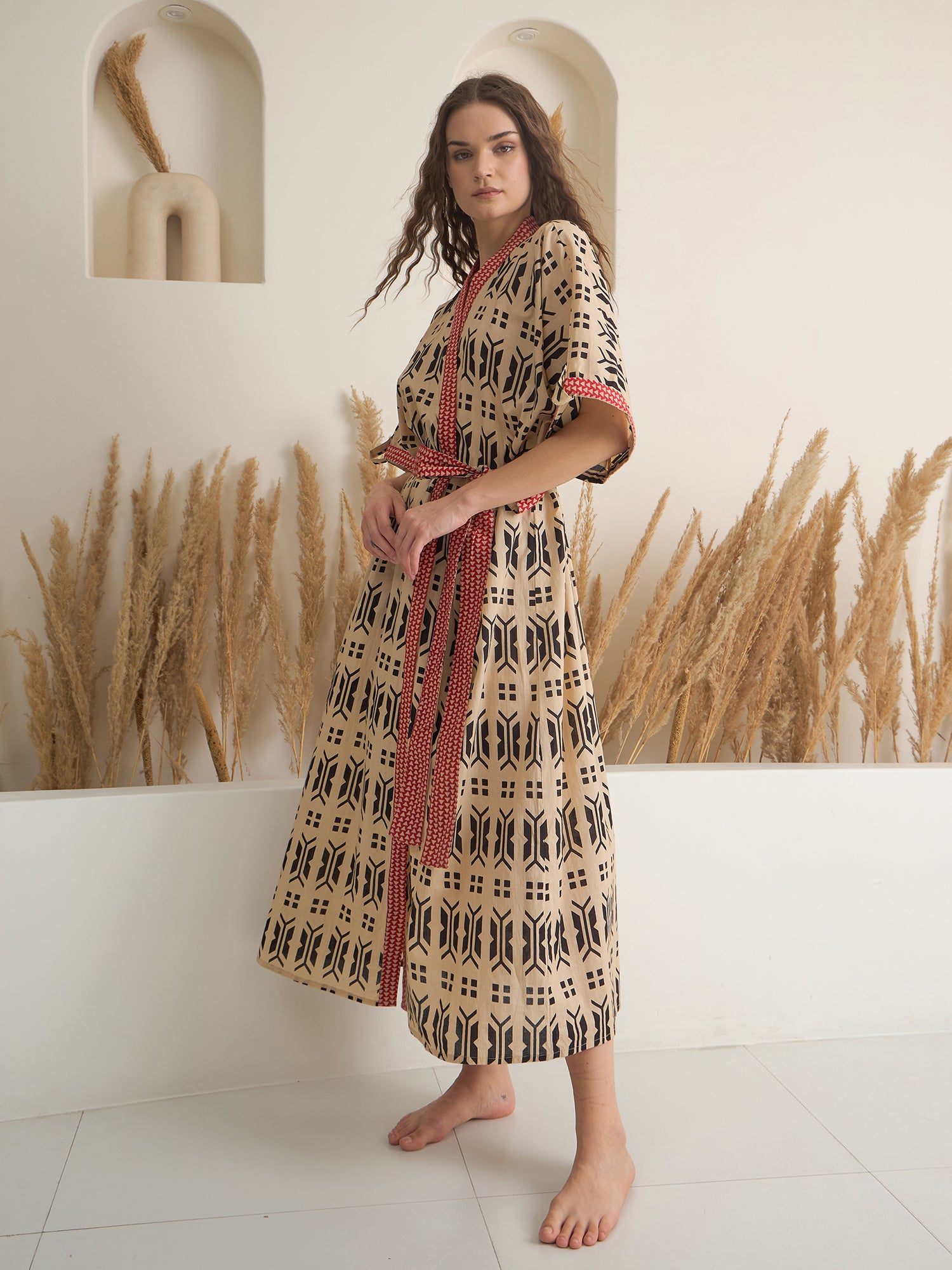 Brown Cotton Printed Bath Robe for Women