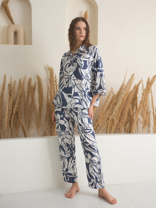 Blue Shirt Collar Viscose Rayon Printed Night Suit for Women