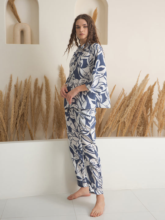 Blue Shirt Collar Viscose Rayon Printed Night Suit for Women