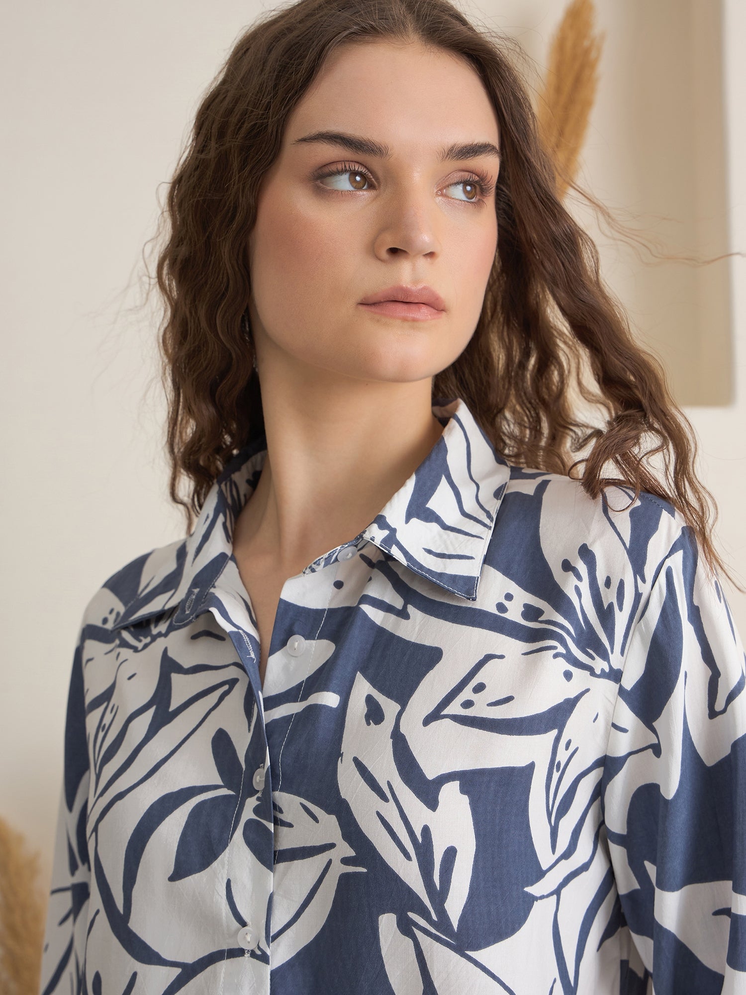 Blue Shirt Collar Viscose Rayon Printed Night Suit for Women - SanskrutiHomes 