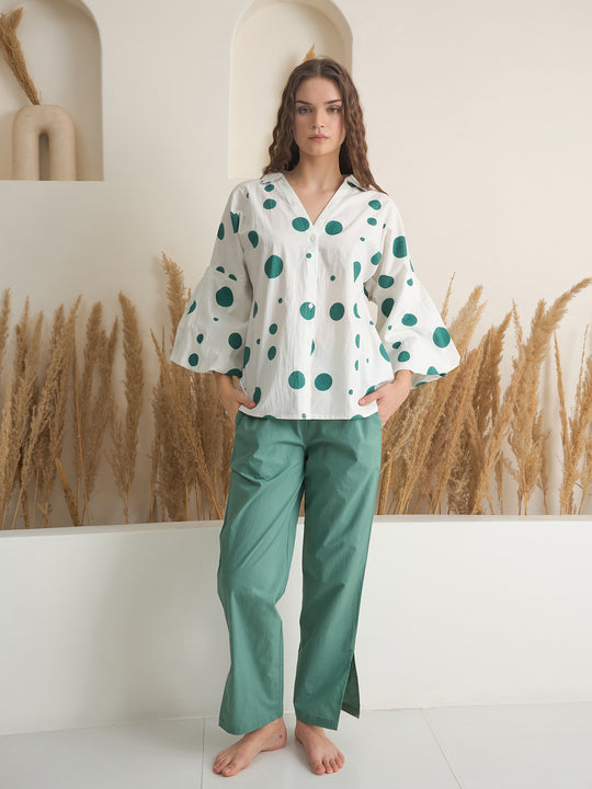 Green V-Neck Polyester Co-ords Set for Women