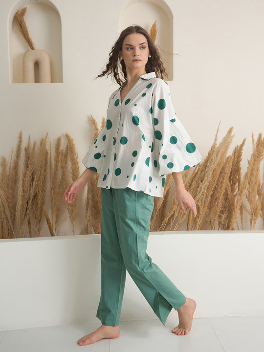 Green V-Neck Polyester Co-ords Set for Women