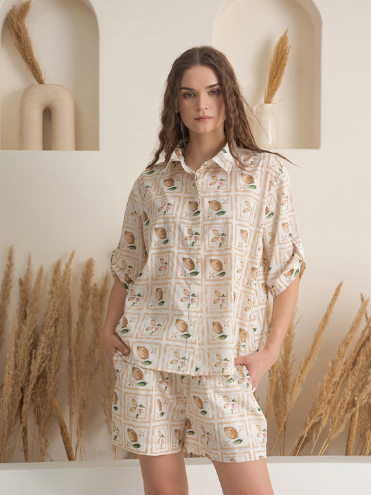 Cream Shirt Collar Pure Cotton Printed Night Suit for Women