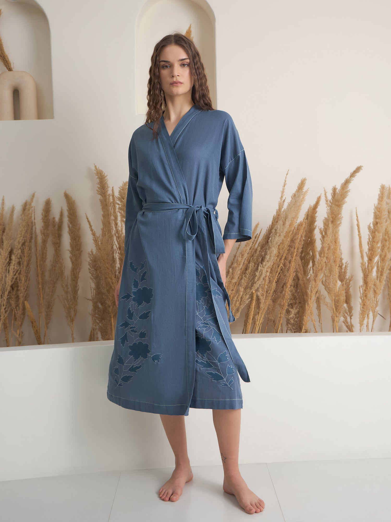 Blue V-Neck Floral Printed Cotton Bath Robe