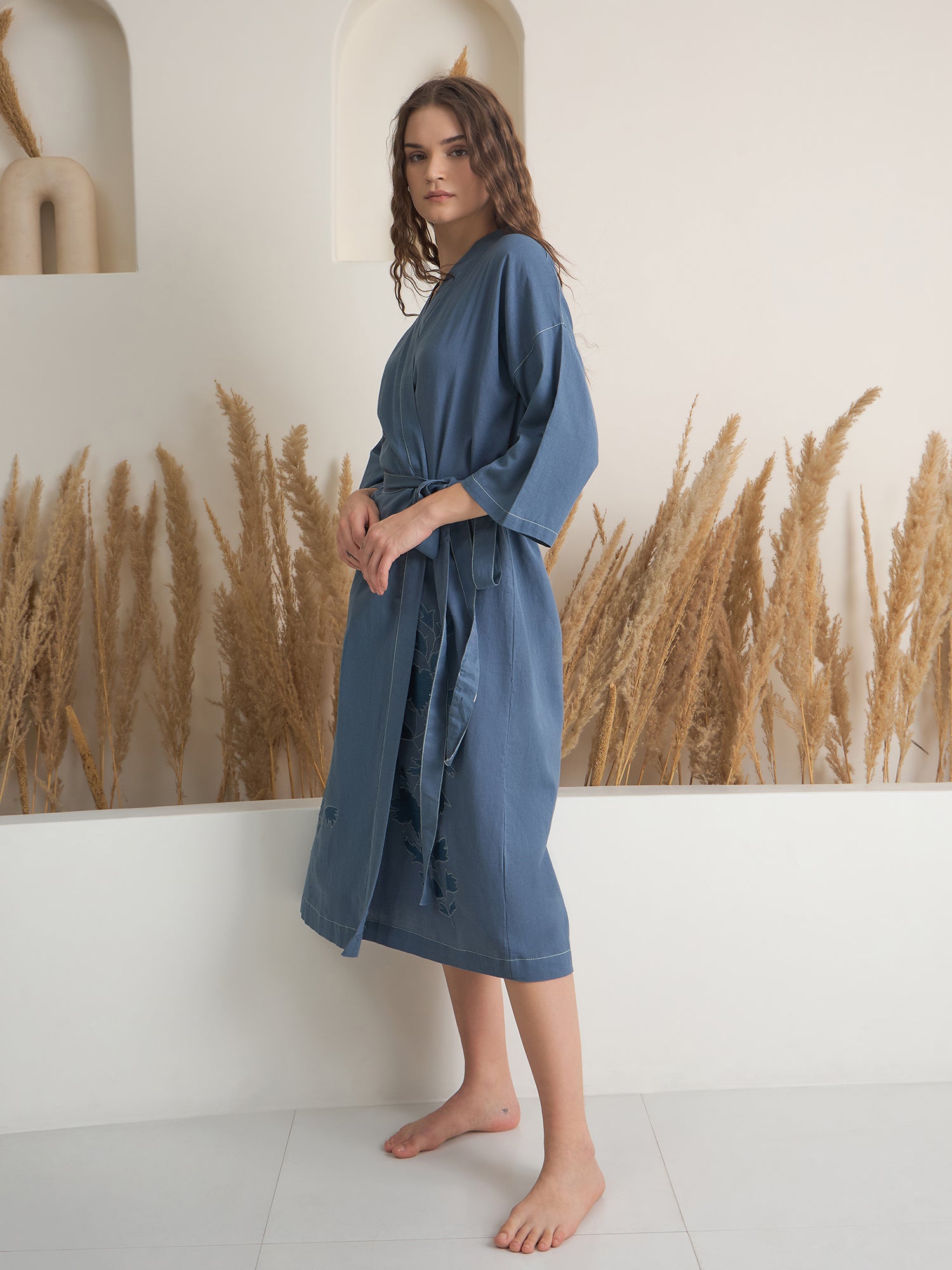 Blue V-Neck Floral Printed Cotton Bath Robe