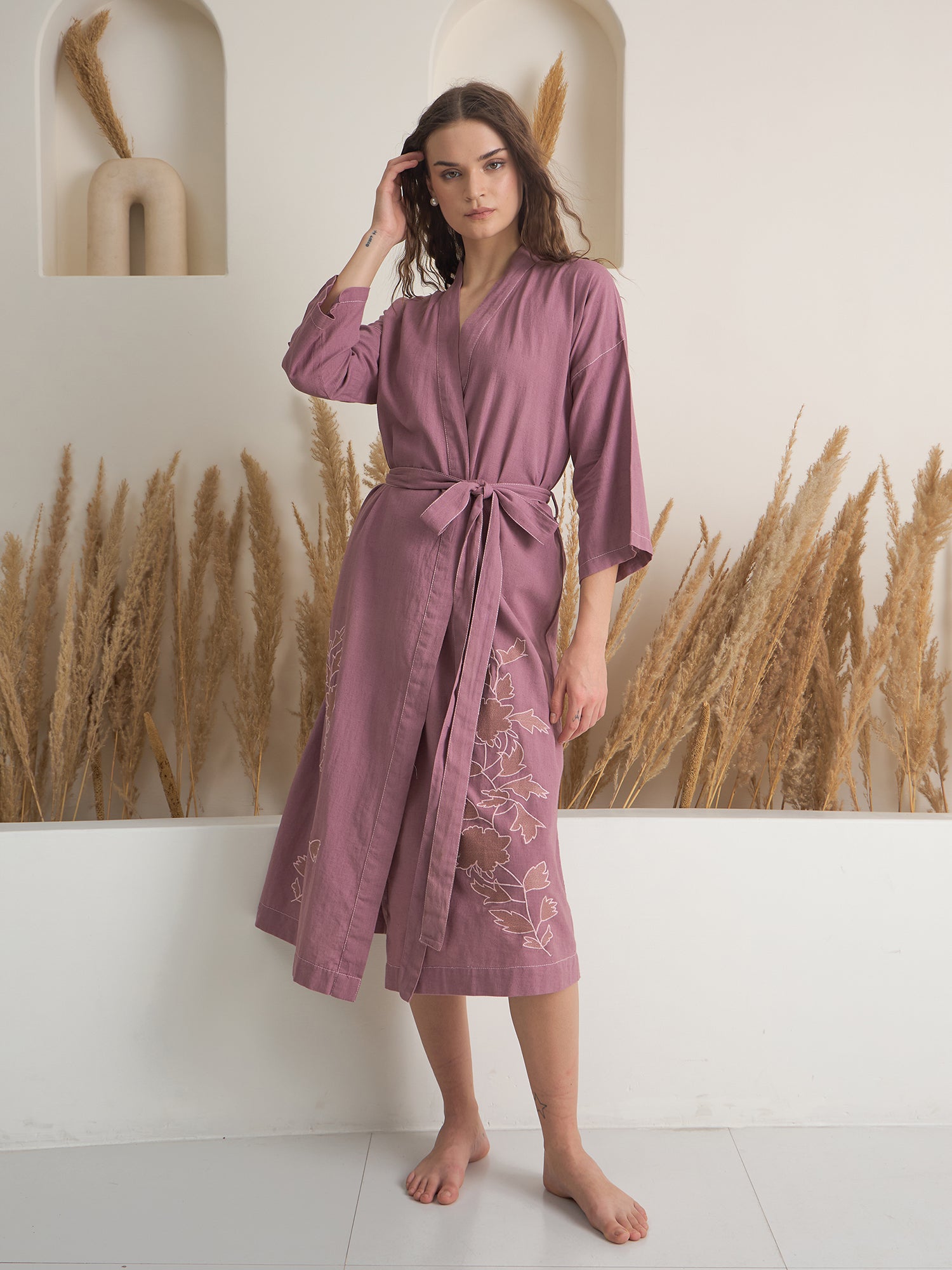 Pink V-Neck Floral Printed Cotton Bath Robe