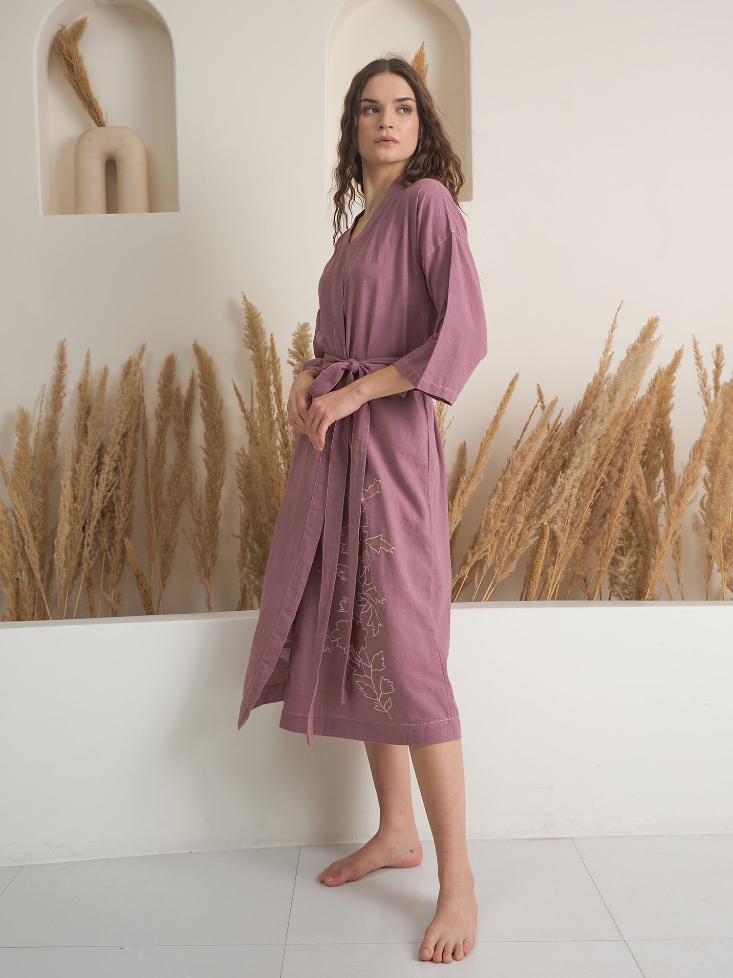 Pink V-Neck Floral Printed Cotton Bath Robe