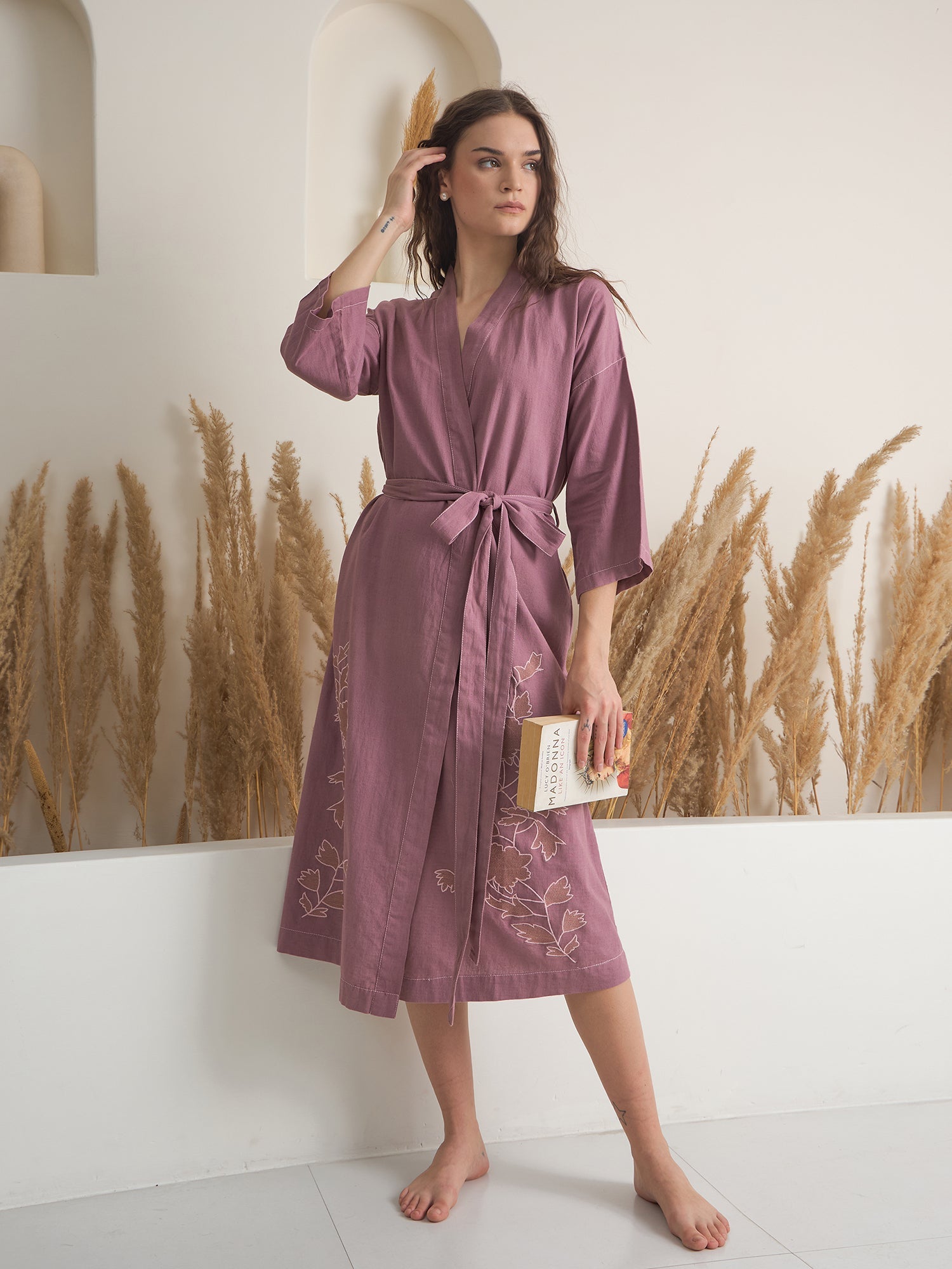 Pink V-Neck Floral Printed Cotton Bath Robe
