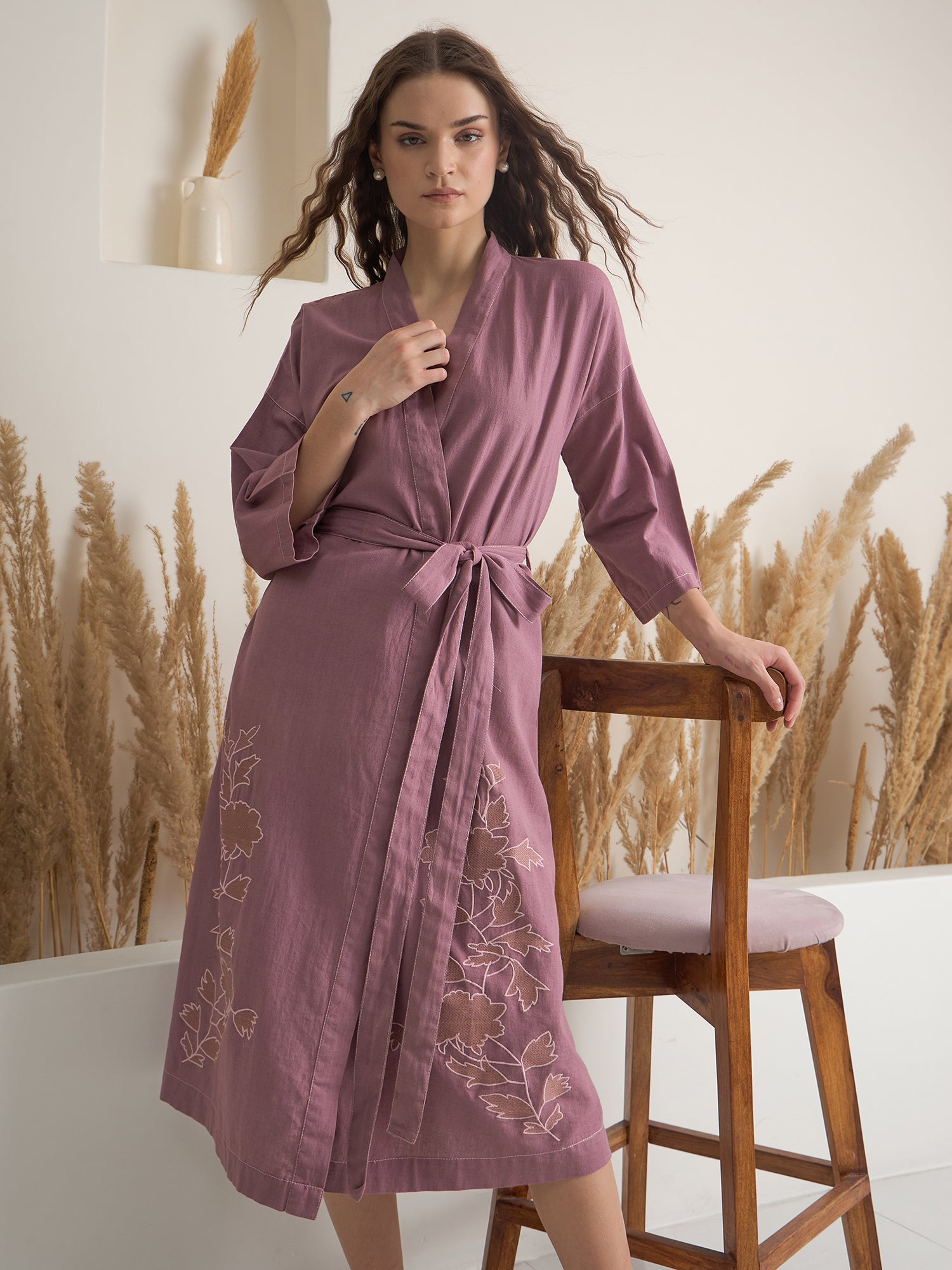 Pink V-Neck Floral Printed Cotton Bath Robe